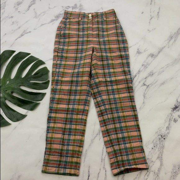 Accessories - J.Crew High Rise Straight Leg Pant Size 0 Pink Green Ribbon Plaid Cotton